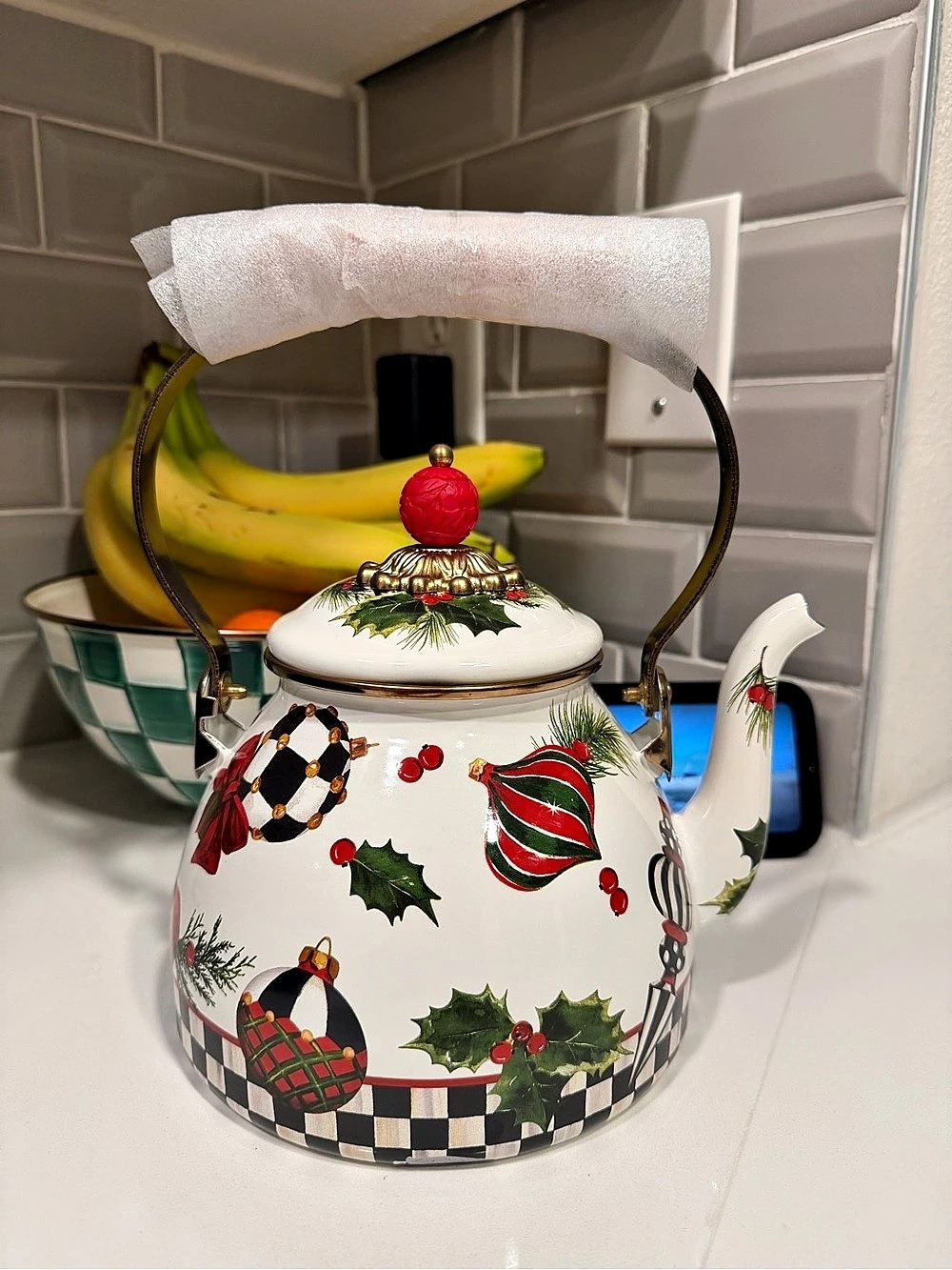 MacKenzie-Childs Deck the Halls Tea Kettle - 2 Quart White & Black